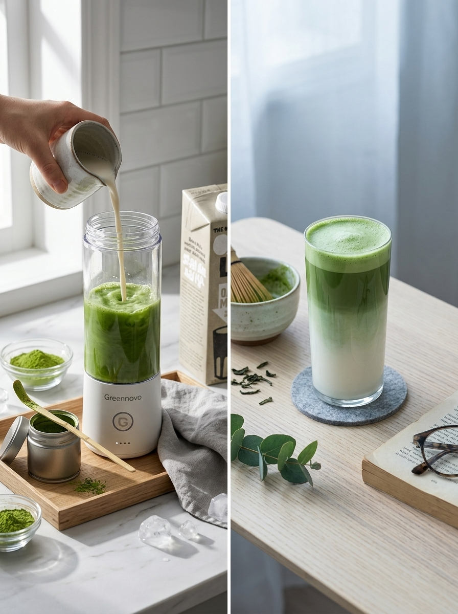 Matcha drink serving idea with a Greennovo blender
